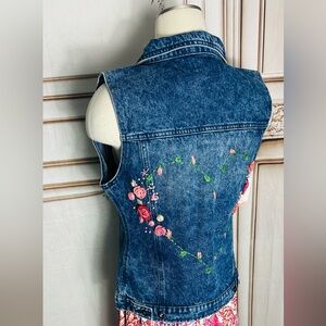 Embroidered Dark Blue Denim Vest with Pink Floral Heart